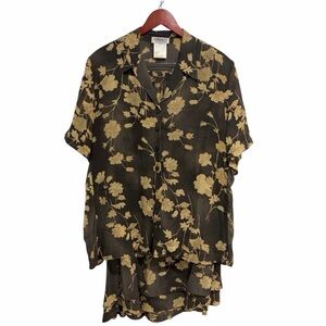 Vintage Olsen Collection Brown Two-Piece Floral Blouse and Midi Lined Skirt Suit